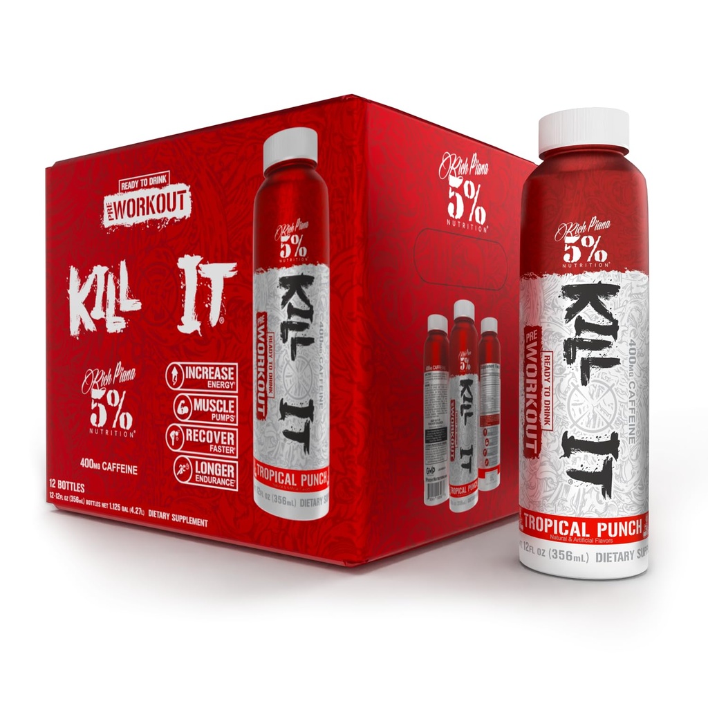 5 % Nutrition Tuez-le prêt-à-boire Pré-entraînement Stim élevé de 400 mg boisson énergétique caféine Extrême Pompe, Endurance, Focus & Hydratation de Citrulline, Beta Alanine, Taurine de 12 Pack (Punch Tropical)