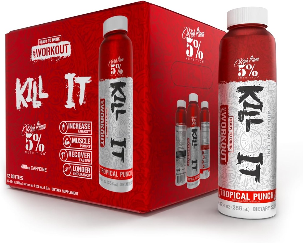 5% Nutrition Kill It Ready-to-Drink High Stim Pre Workout | 400mg Caffeine Energy Drink | Extreme Pump, Endurance, Focus & Hydration | Citrulline, Beta Alanine, Taurine | 12 Pack (Tropical Punch)
