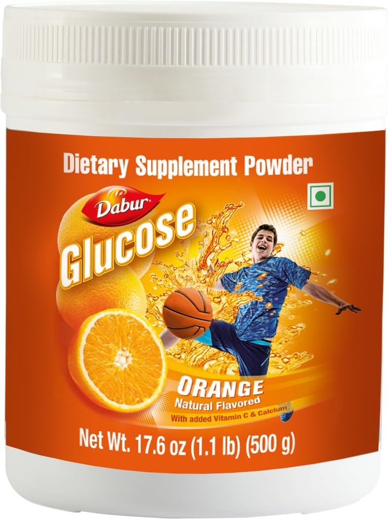 Glucose Dabur - Poudre de glucose - Fortifié avec la vitamine D et le calcium - Une orange délicieuse - 500 grammes