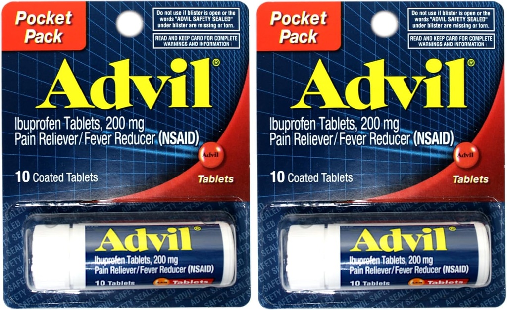 2 Pack of Pocket Pack Advil Pain Reliever / Fever Reducer Ibuprofen 200mg - 10 Coated Tablets PER Pack (20 Tablets Total)