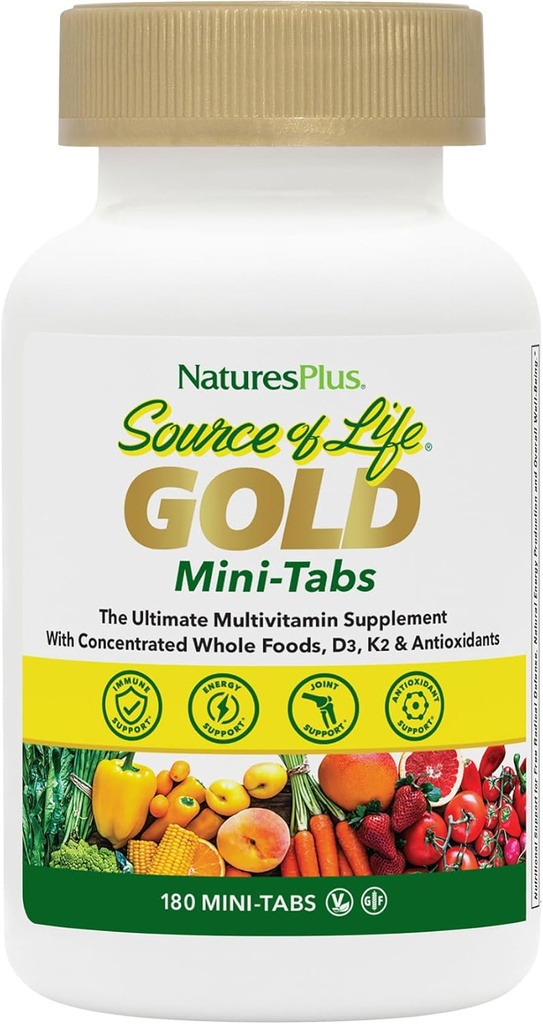 NaturesPlus Source de vie Multivitamine d'or - 180 mini-onglets, paquet de 2 - avec des vitamines D3, B12 et K2 - Végétarien et sans gluten - 60 portions totales