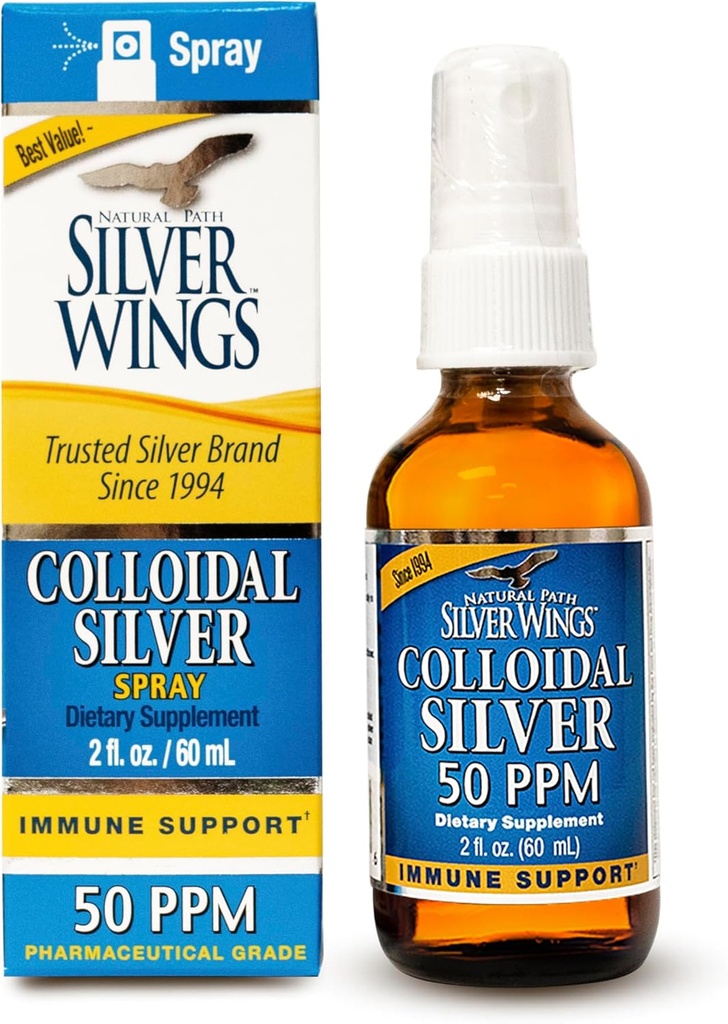 Natural Path Silver Ailes Colloïdal Argent liquide - Supplément quotidien de soutien immunitaire - 50ppm (250mcg) - 2oz Spray
