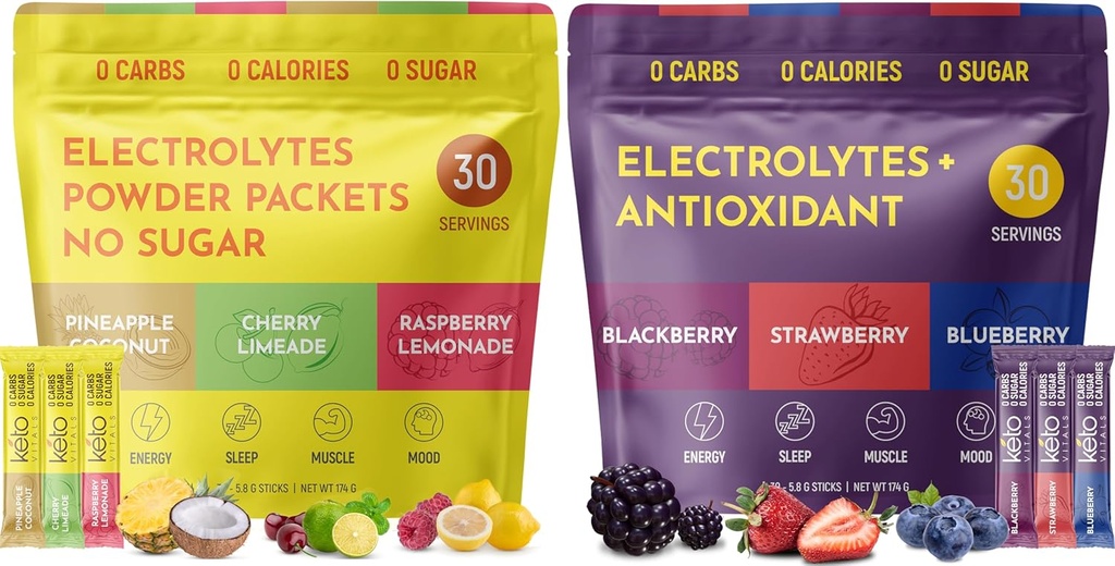 Keto Vitals Tropical & Berry Assorted 2 Pack Bundle Electrolyte Powder Bundle: Tropical & Berry Assorted Flavors - Sugar-Free & Zero Calorie Electrolyte Drink Mix Packets, 60 Servings