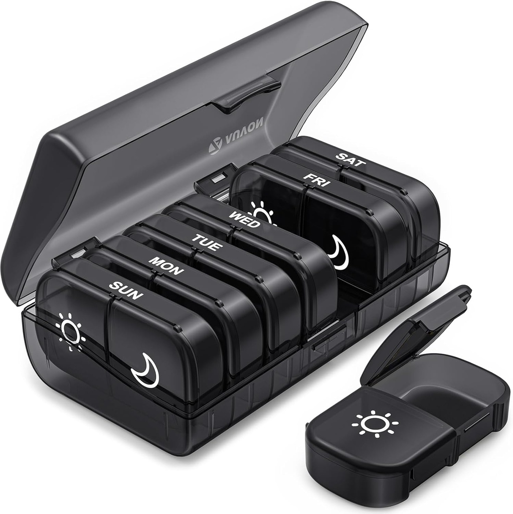 AUVON XL Hebdomadaire Pill Organizer 2 fois par jour, Pill Box 7 jours avec des ouvertures de taille unique pour une utilisation facile, protection de la vie privée noire AM PM Pill Case pour médicaments, vitamines, huiles de poisson, suppléments