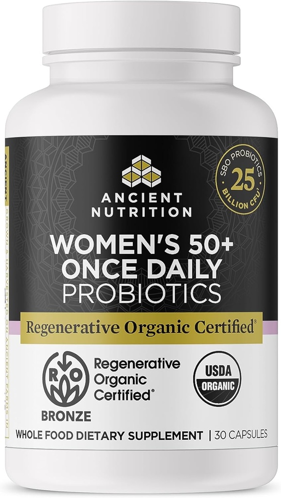 Probiotiques certifiés biologiques régénératifs pour les femmes 50+, Probiotiques Femmes 50+ Une fois par jour, soutien du système de digestion saine et immunitaire, 25 milliards d'UFC* par portion, 30 comtes