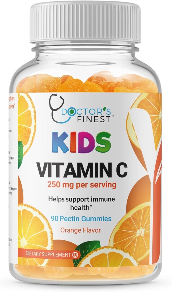 Les médecins les plus fins de vitamine C Gummies pour les enfants – Vegan, sans OGM et sans gluten – Grande dégustation de Pectines de Pectines d'orange – Supplément alimentaire pour enfants – 250mg de vitamine C – 90 gelées [45 doses]