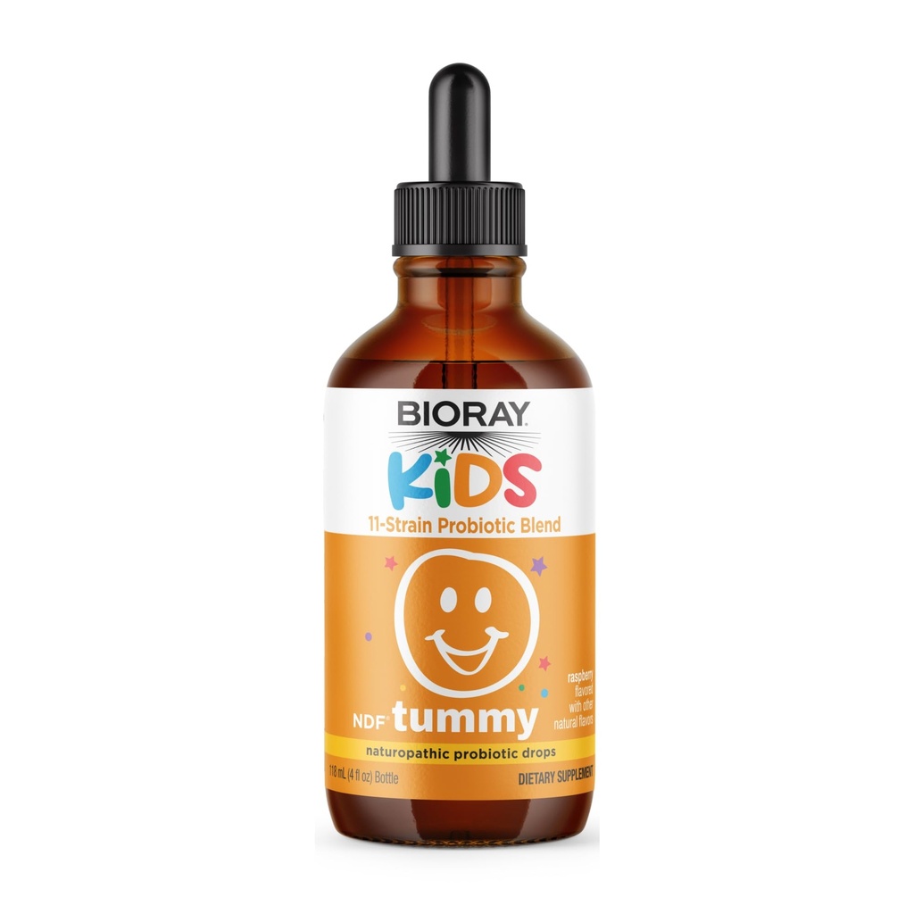 BIORAY Kids NDF Tummy, framboise - 4 fl oz (120 mL) - 11-Strain Probiotic Blend - Soutient la réponse immunitaire dans le tube gastro-intestinal - Non-OGM, végétalien, sans gluten - Env. 120 Services