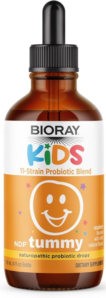 BIORAY Kids NDF Tummy, framboise - 4 fl oz (120 mL) - Mélange probiotique 11-Strain - soutient la réponse immunitaire dans le tube IG - non-OGM, végétalien, sans gluten - approx. 120 Services