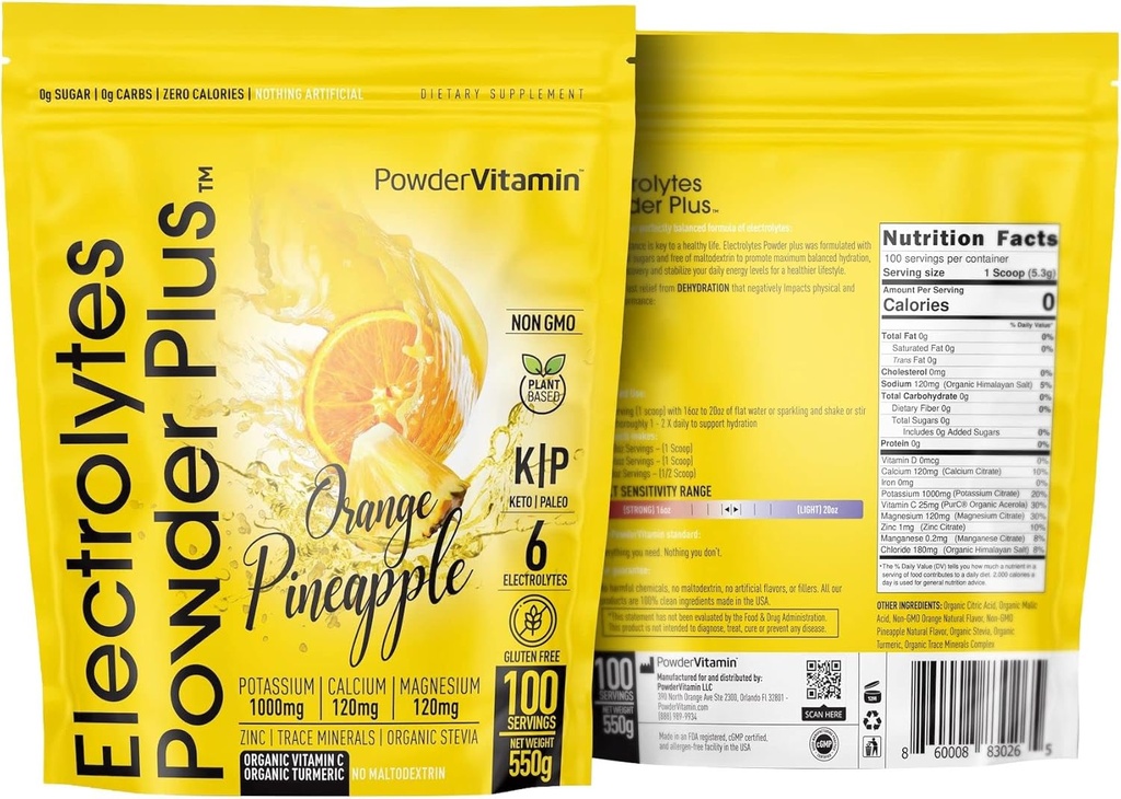 PoudreVitamine Electrolytes Poudre Plus (100 portions) Orange Ananas Electrolyte Poudre Zéro Calorie, Keto, 0 Sucre, Pas de Maltodextrine,1000mg Potassium,120mg Calcium,120mg Magnésium, Poudre d'hydratation