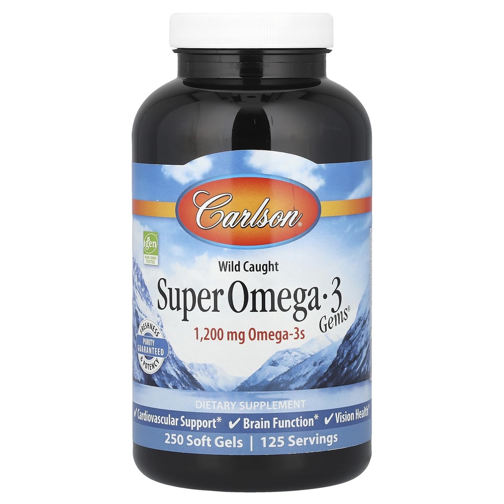 Carlson - Super Omega-3 Gems, 1200 mg Omega-3s, prise sauvage, source durable, 250 gels mous