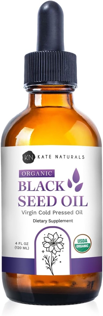 Kate Naturals Huile de Graine Noire Biologique (4oz, vierge, pressée à froid, non-OGM) Nigella Sativa liquide pour le support immunitaire et la digestion. Huile pure de cumin à graines noires pour cheveux et peau