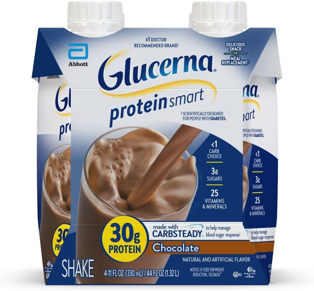 Glucerna Protein Smart Diabetes Care Shake, Chocolat, Repas Diabétique de remplacement pour soutenir la gestion du sucre dans le sang, 30g de protéines, 150 calories, prêt à boire, bouteille 11-fl-oz, 4 Pack