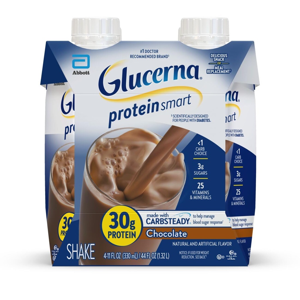 Glucerna Protein Smart Diabetes Care Shake, Chocolat, Repas Diabétique de remplacement pour soutenir la gestion du sucre dans le sang, 30g de protéines, 150 calories, prêt à boire, bouteille 11-fl-oz, 4 Pack
