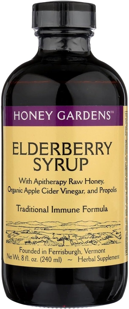 Formule traditionnelle Elderberry & Honey Immune Sirop Honey Gardens 8 oz Liquide