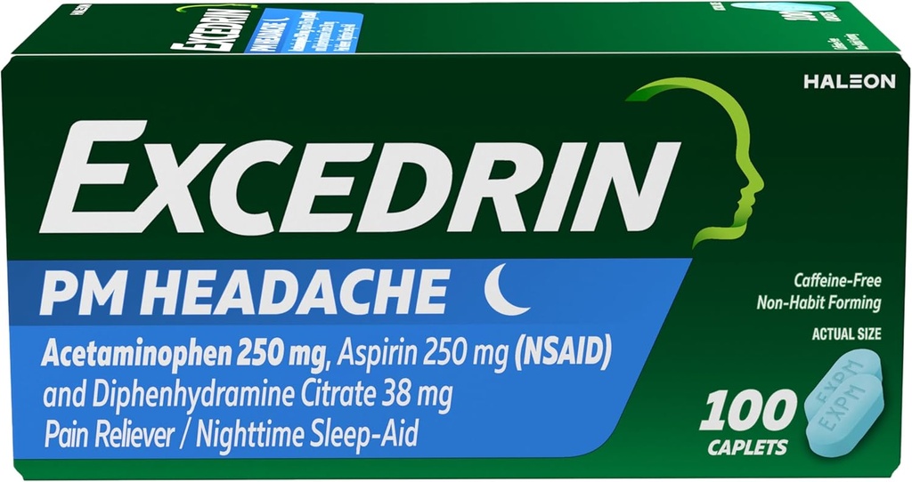 Excédrine PM pour le soulagement des maux de tête, Acétaminophène 250mg, Aspirine 250mg, Diphénhydramine Citrate 38mg, analgésique, Sleep-Aid nocturne, 100 Compte