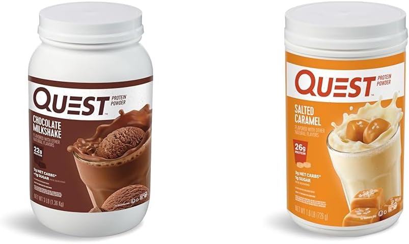 Quest Nutrition Chocolat poudre de protéines de milkshake, 22g de protéines, 1g de sucre, faible teneur en glucides, sans gluten, 3 livres, 43 portions et poudre de protéines de caramel salées; 26g de protéines; 1g de sucre; faible teneur en glucides; sans gluten