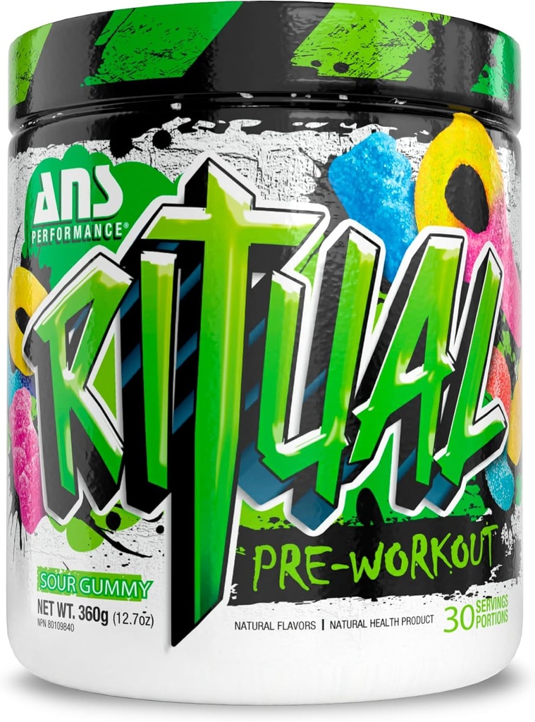 ANS Performance Ritual Pre Workout (30 portions, 12,7 oz) - Formule complète de pré-entraînement - Énergie, concentration et force - Augmenter la puissance de sortie et le volume d'entraînement - Endurance et endurance (Sour Gummy)