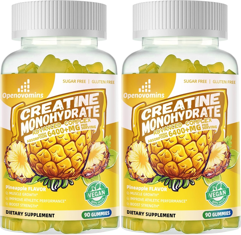 Creatine Monohydrate Gummies Complex for Men & Women -Advanced Formula W/L-Taurine + Vitamin B12, Sugar Free Chewable Supplement,180 Pineapple Gummies 2pack