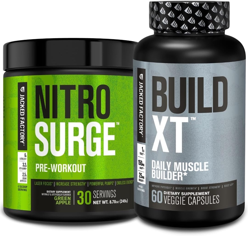 Jacked Factory Nitrosurge Pré-entraînement dans la pomme verte et construire XT Muscle Building Bundle pour les hommes et les femmes
