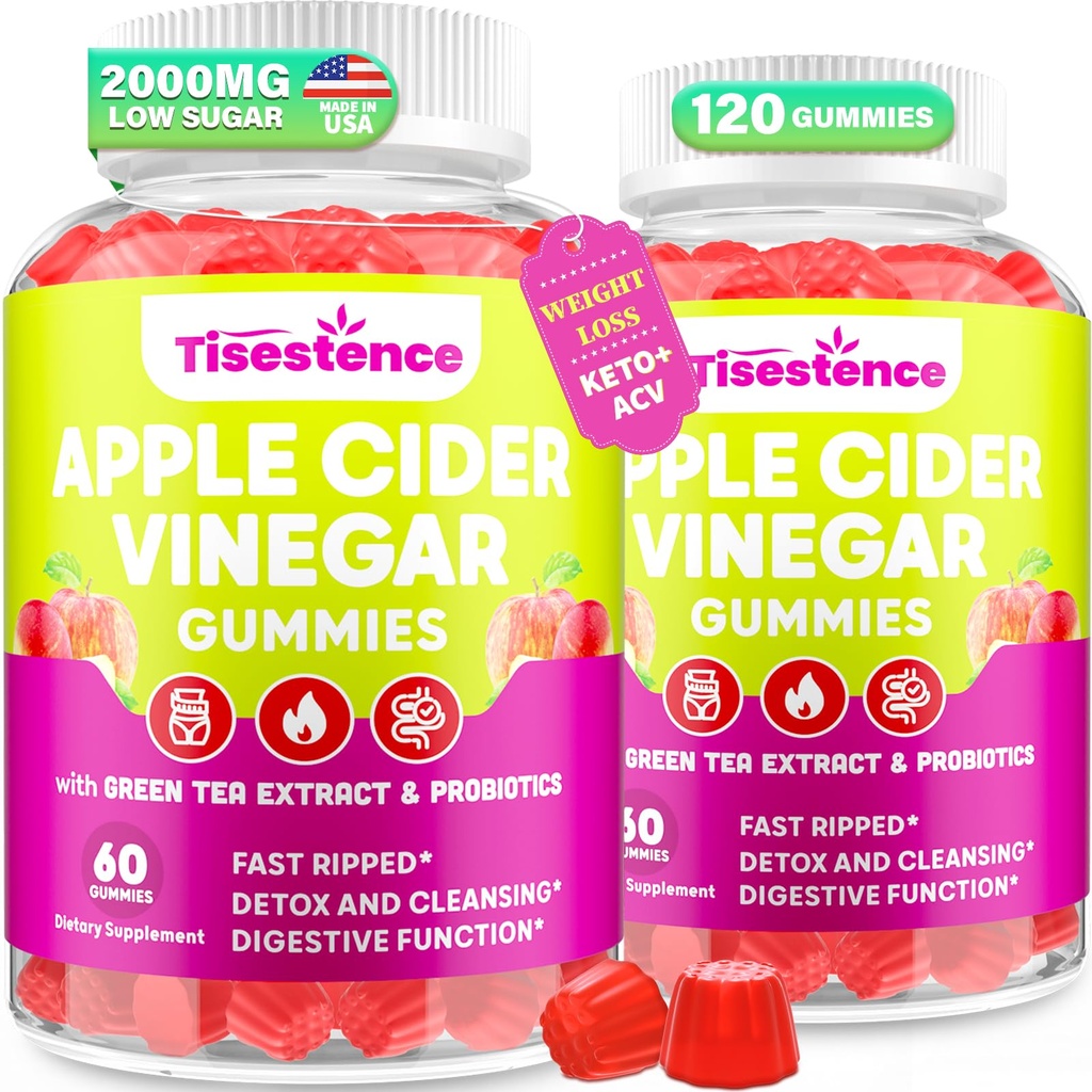 Gommies de vinaigre de cidre de pomme, Gommies de vinaigre de cidre de pomme pour les femmes et les hommes, Supplément de vinaigre de cidre de pomme avec thé vert, B12, Probiotique pour le nettoyage de détox, métabolisme et santé digestive, végétalien - 2 mois d'approvisionnement