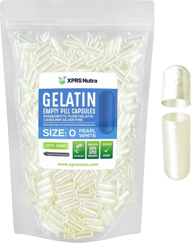 XPRS Nutra Taille 0 Capsules vides - 1000 Compte Capsules de gélatine vides - Pills Bricolage Capsule Remplissage - Pure Pill Gel Caps pour Do-It-Youlf Suppléments (Pearl White)