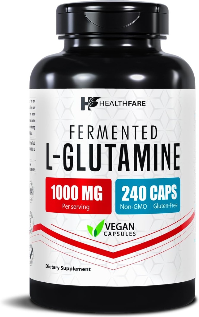HealthFare L Glutamine 1000mg de 240 Capsules Vegan Recommandé Extra Strength Amino Acid Supplement Supporte l'équilibre digestif, l'absorption nutritive et la récupération des muscles