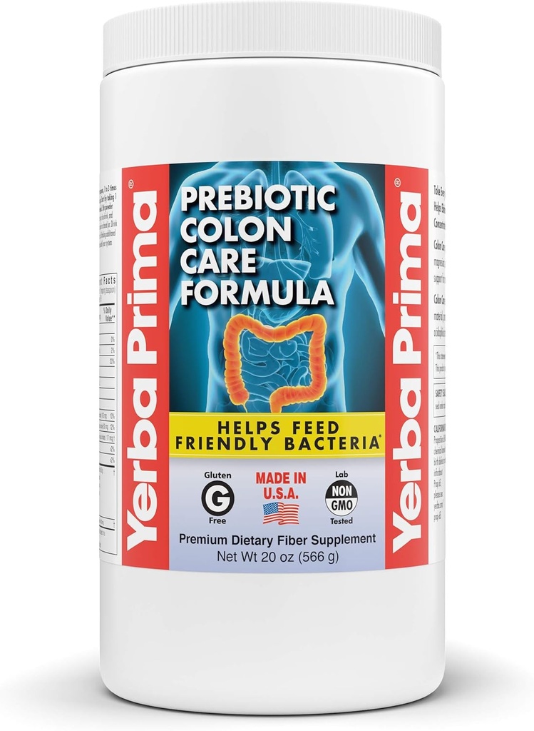 Yerba Prima Prebiotic Colon Care Formula, 20 oz poudre avec FOS - Fibre naturelle de Psyllium, Magnésium, Sélénium - Non-OGM, Sans gluten, Supplément quotidien végétalien - pour les hommes et les femmes