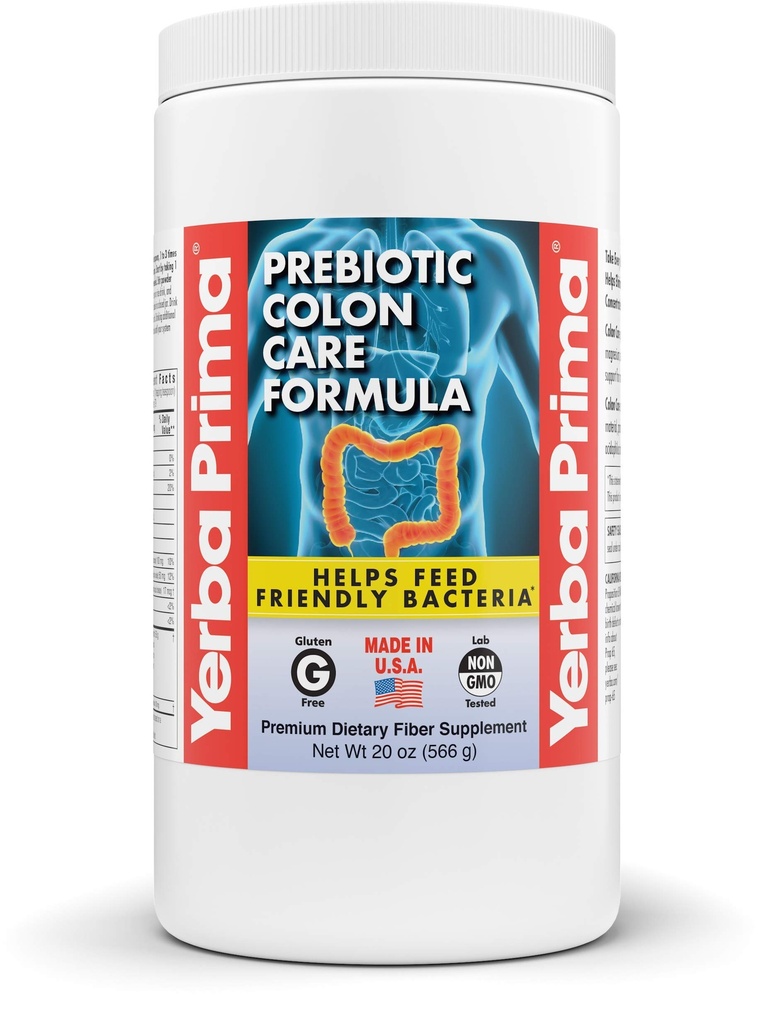 Yerba Prima Prebiotic Colon Care Formula, 20 oz poudre avec FOS - Fibre naturelle de Psyllium, Magnésium, Sélénium - Non-OGM, Sans gluten, Supplément quotidien végétalien - pour les hommes et les femmes