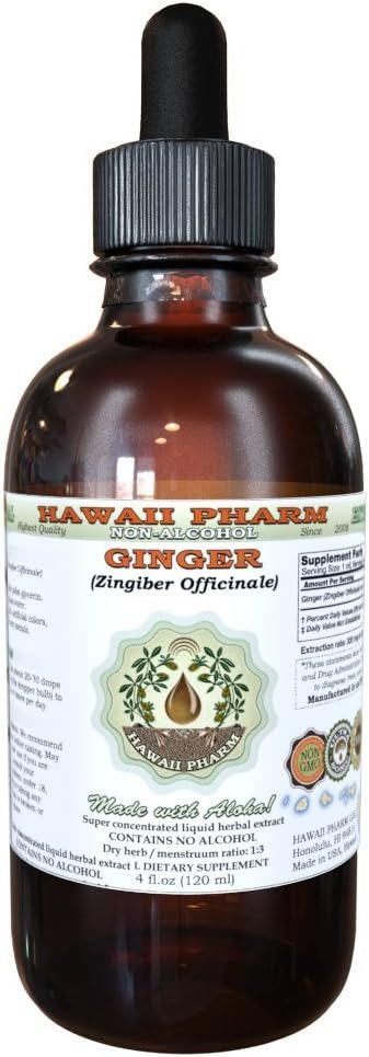 Gingembre Extrait liquide sans alcool, Gingembre biologique (Zingiber officinale) Glycérite séchée à la racine Hawaii Pharm supplément naturel à base de plantes 2 oz