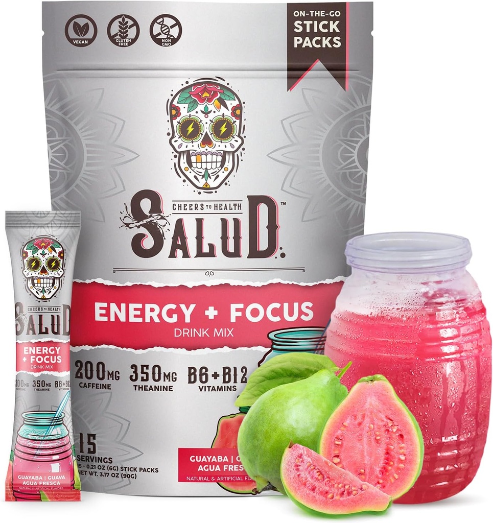 Salud 2-en-1 Poudre de boisson énergisante + Focus, Guava, Caféine biologique, B6 + B12, Théanine, Paquets de boisson énergisante propre, Guayaba Agua Fresca Mix, Non-OGM, Sans gluten, Vegan, 1g de sucre, (15 portions)