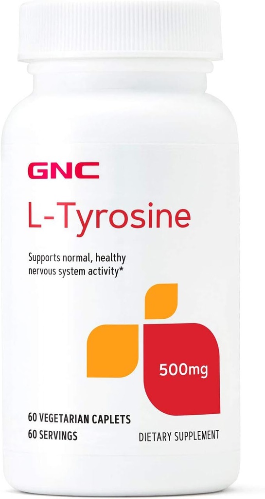 GNC L-Tyrosine 500mg, soutient l'activité normale et saine du système nerveux, 60 caplets végétariens