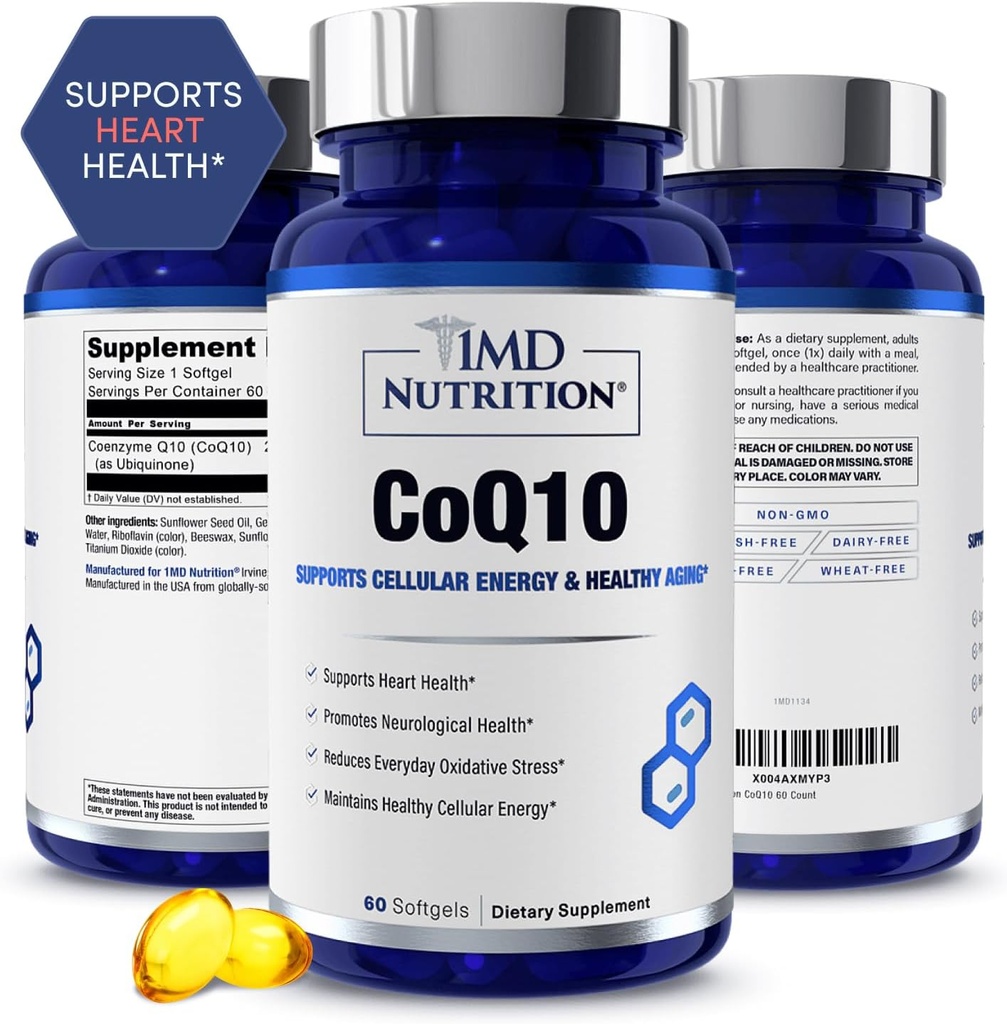 1MD Nutrition CoQ10 - pour la santé cardiaque et la production d'énergie cellulaire - Supplément santé pour les hommes et les femmes - Coenzyme Q10 Softgel - 60 jours