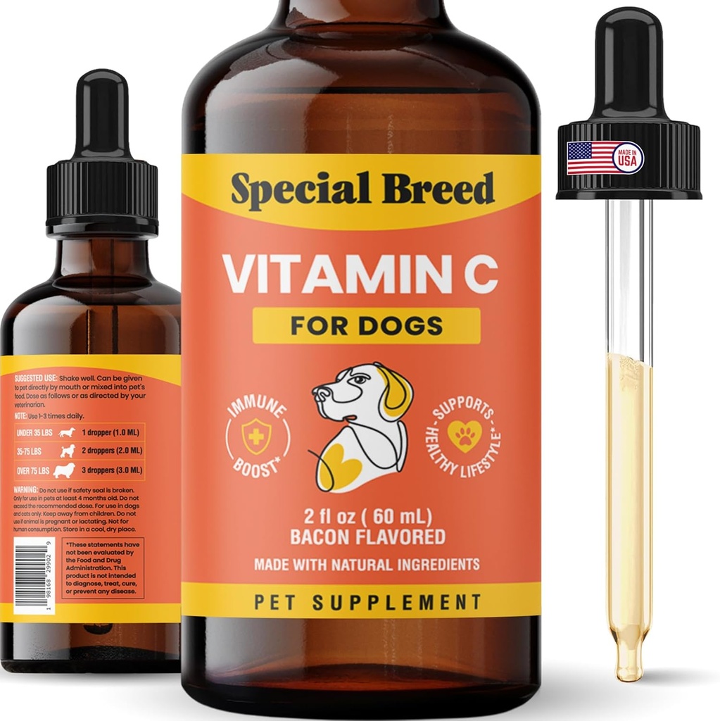 Vitamine C pour chiens, aide à soutenir le système immunitaire, supplément liquide de vitamine C, booster d'immuno-chien, bacon aromatisé, 2oz