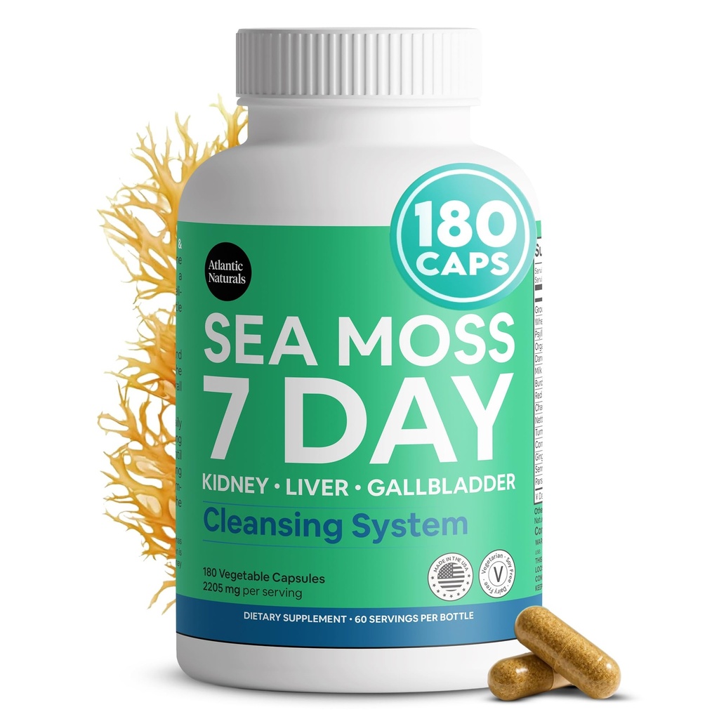 Capsules de mousse de mer de l'Atlantique Naturals – Mélange à base de plantes de 7 jours pour le bien-être du foie et de la vésicule – avec racine de dandelion, chardon de lait, racine de dard, trèfle rouge et Piedra de Chanca – 180 capsules de mousse de mer de comte
