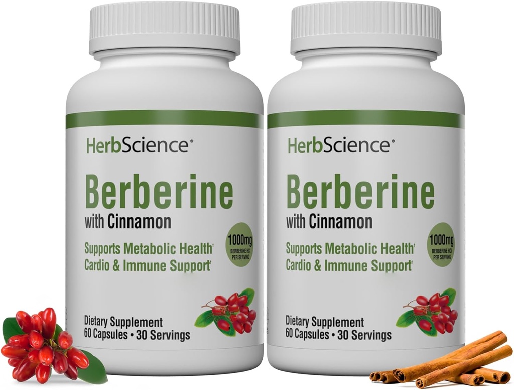 Herb Science Berberine, 1000mg de Berberine par portion, soutient la santé métabolique, Cardio et le soutien immunitaire, favorise le coeur en santé, 120 capsules, 60 portions, 2 pack