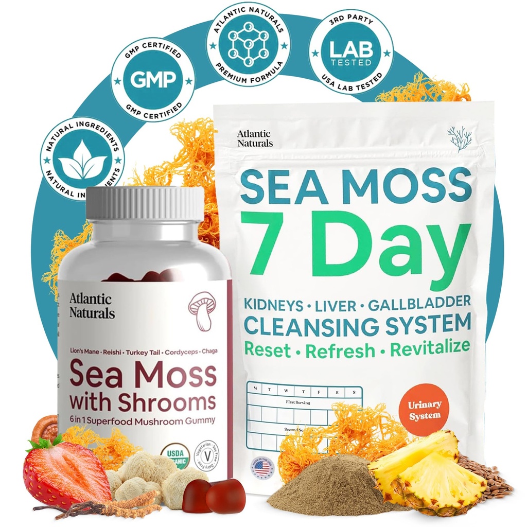 Atlantic Naturals Sea Moss Superfood Bundle - La mousse de mer avec des champignons et 7 jours de nettoyage du rein, du foie et de la vésicule - Défense, Focus & Detox Support - Lion's Mane, Reishi, Dandelion Root & More