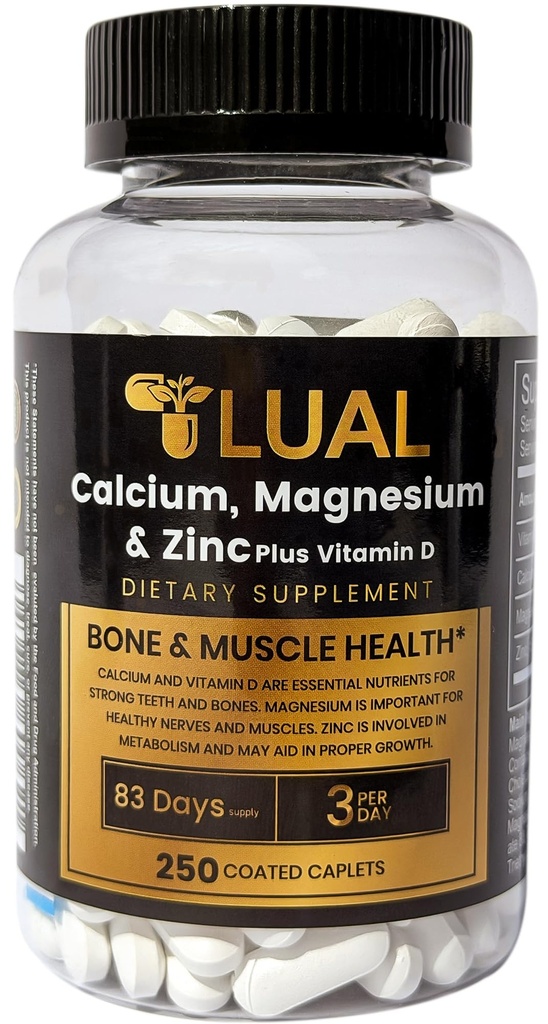 LUAL Calcium, Magnésium, Zinc et Vitamine D3 Calcium, Magnésium et Zinc Plus Vitamine D3 Supplément alimentaire, 250 Compte