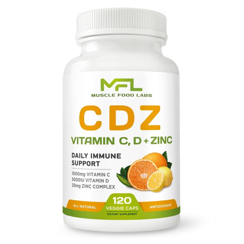 C D Z. Vitamine C, 1000mg Vitamine D3, 125mcg. Zinc, 25mg.
