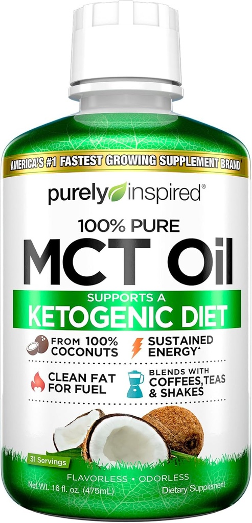 Huile de MCT purement inspirée Huile de MCT pure Keto. Source de l'huile de coco, non-OGM.