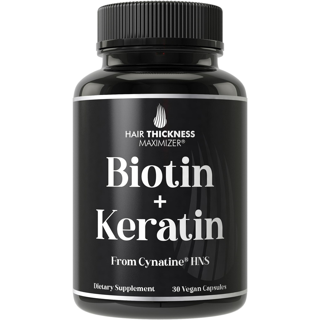 Kératine cliniquement prouvée + supplément de croissance des cheveux de biotine. avec Kératine HNS Kératine cliniquement étudié pour les cheveux épais, plus sains. pour les femmes et les hommes.
