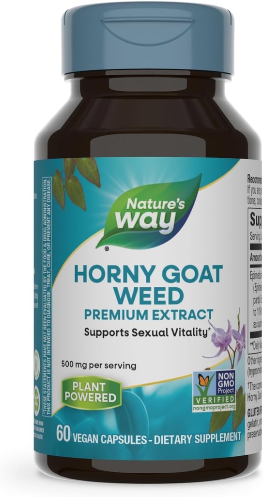 Nature's Way Horny Goat Weed Premium Extract Sexual Vitality,* Non-GMO, Vegan, 60 Capsules