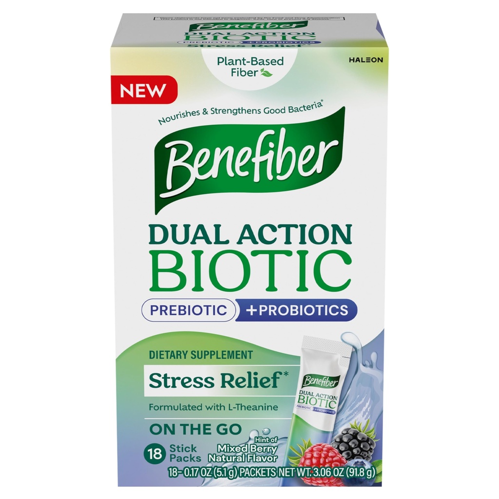 Benefiber Dual Action Biotic Plus Stress Relief, 18 Packs de Stick Comte