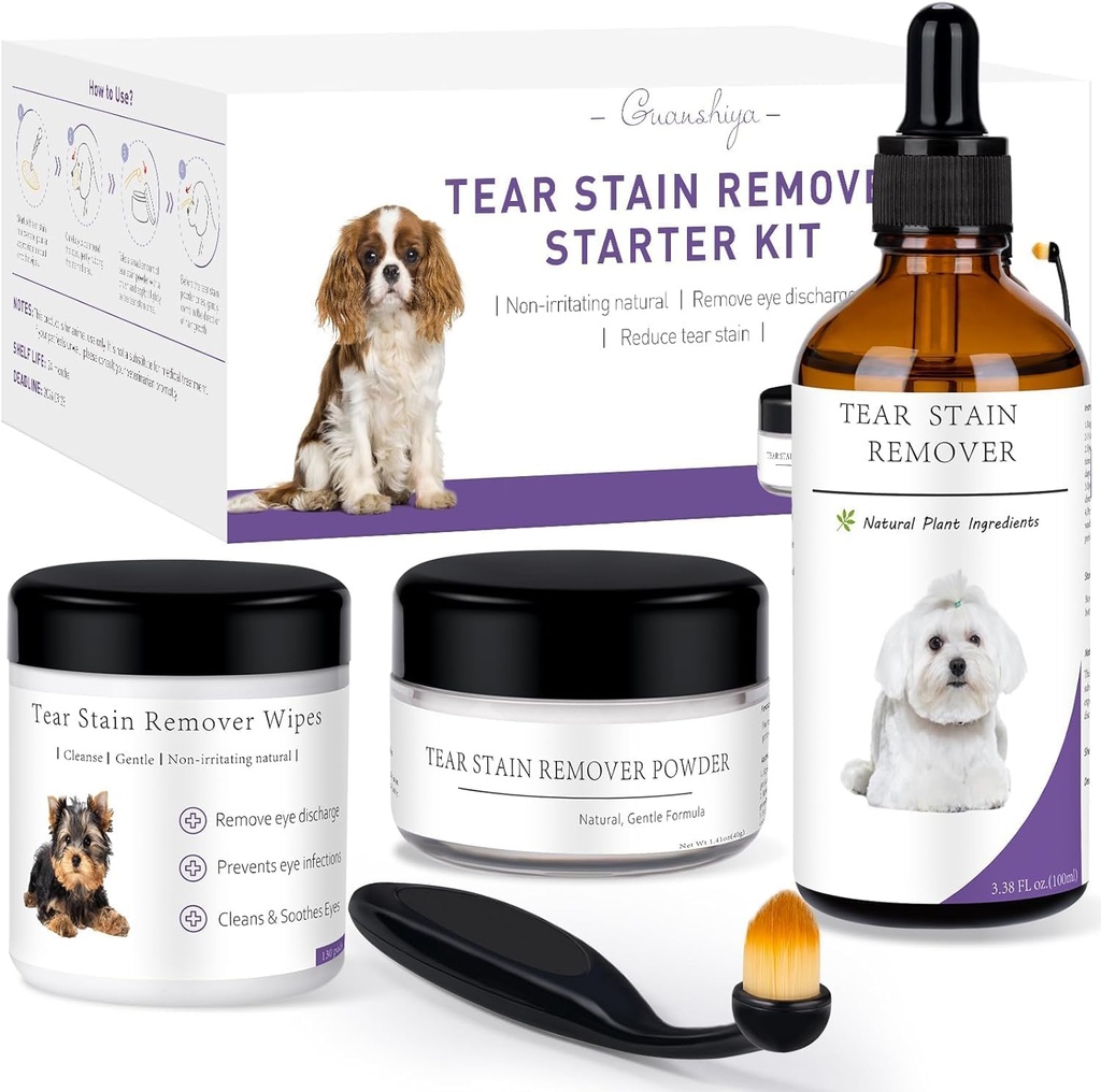 Kit d'aide à l'élimination de la tache de chien–Détachant de la tache de chien doucement pour éliminer les écharpes, la décharge et le mucus– Comprend la solution de la tache, les tampons d'application, la poudre de la tache et le pinceau– dure 30-45 jours