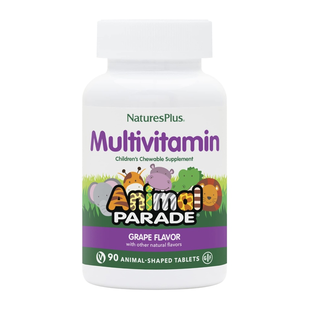 Natures Plus Parade animale Multivitamine à croquer pour enfants - Arôme de raisin - 90 comprimés en forme d'animal - Promotion de la santé et du bien-être - Végétarien, sans gluten - 45 portions