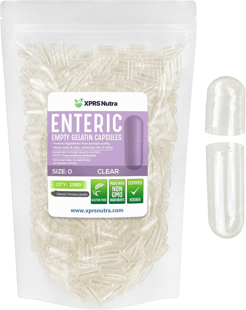 XPRS Nutra Size 0 Empty Capsules - 1000 Count Clear Enteric Coated Empty Gelatin Capsules - Delayed Release Pills - DIY Capsule Filling - Pure Bovine Empty Enteric Gel Caps