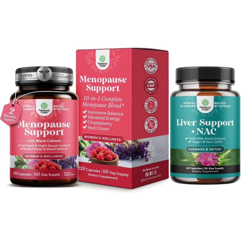 Ensemble de complément à la ménopause totale avec Dong Quai Vitex Chaste Berry & Black Cohosh pour le soutien de l'hormone naturelle et le soutien du foie Supplément NAC avec chardon de lait pour nettoyer le foie Détox & Réparation