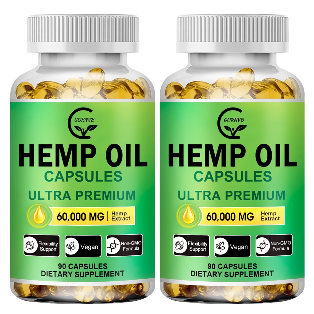 (2-Pack) High Potency Hemp Oil Capsules - 180 Veggie Softgels - 60,000 Maximum Strength, Immune System Support, Focus Calm, Relaxation, Mood, Pure Extract, Organic, Vegan, Non-GMO