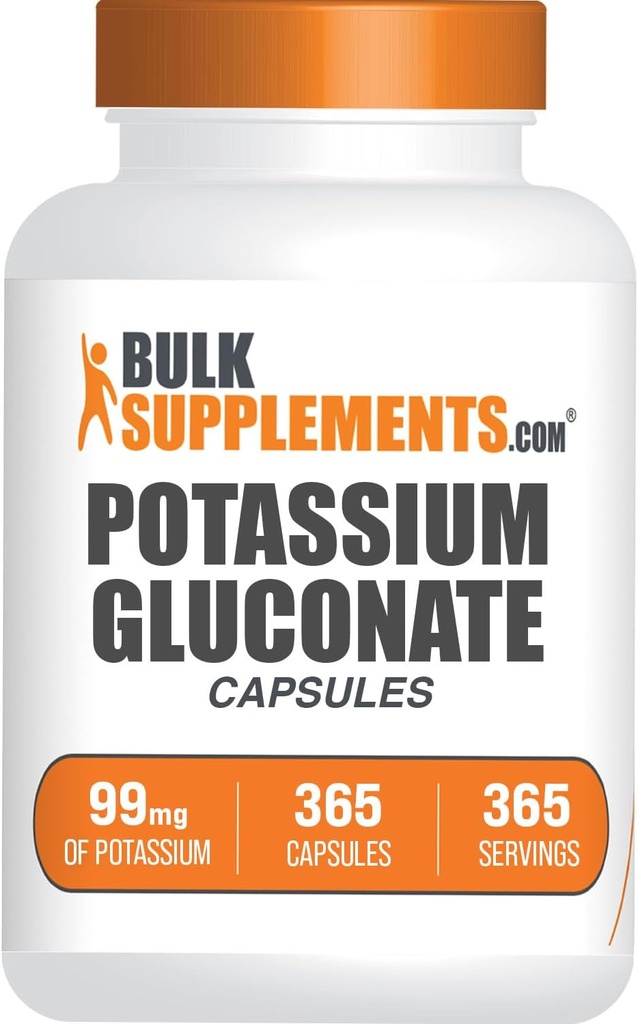 BulkSupplements.com Capsules de gluconate de potassium - Supplément de gluconate de potassium, Gluconate de potassium 99mg, Supplément de potassium - Sans gluten, 1 Capsule par portion, 365 Capsules (paquet de 1)