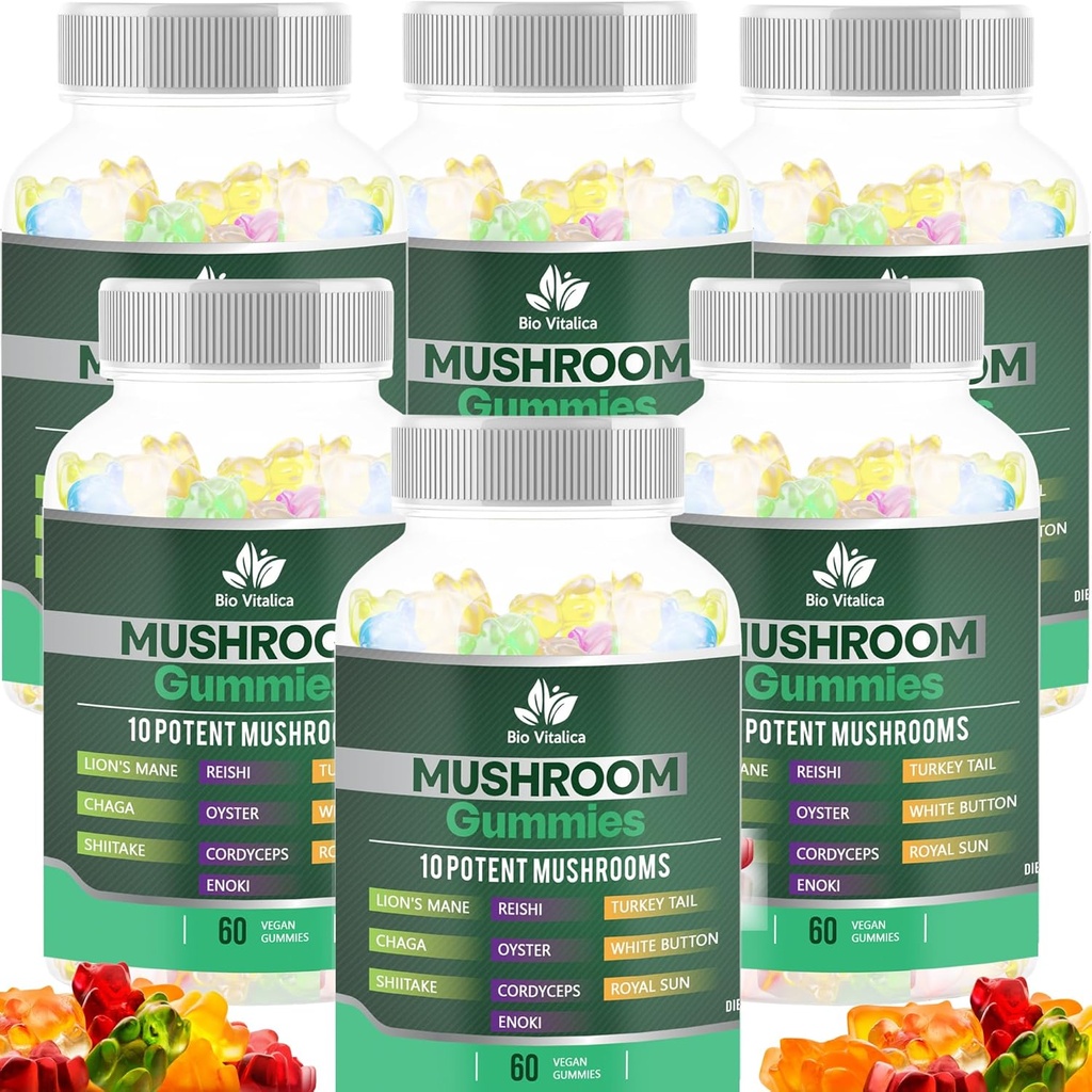 BIO VITALICA Gommies de champignons – 10 Complexe de champignons avec Mane de Lion, Reishi, Chaga, Cordyceps et plus – Gummes végétaliens fruités – Non-OGM, sans gluten, à base végétale – 6 paquets