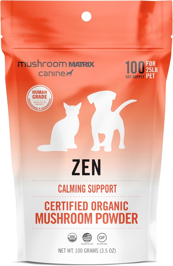 Om Mushroom Matrix Pet - Canine de Zen Matrix Mushroom Blend de USA Grown Human-Grade Bio Mushroom Powder Pet Supplement de calmants pour chiens et chats 100 Grams, 3,5 oz